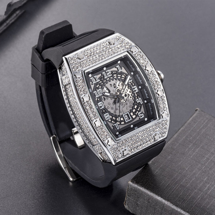 Full Diamond Tonneau Silicone Band Quartz Men&