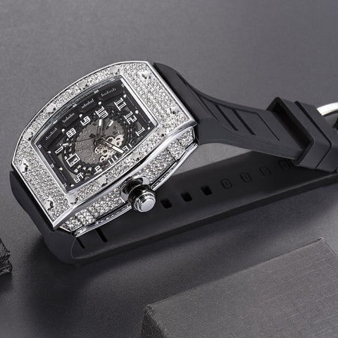 Full Diamond Tonneau Silicone Band Quartz Men&